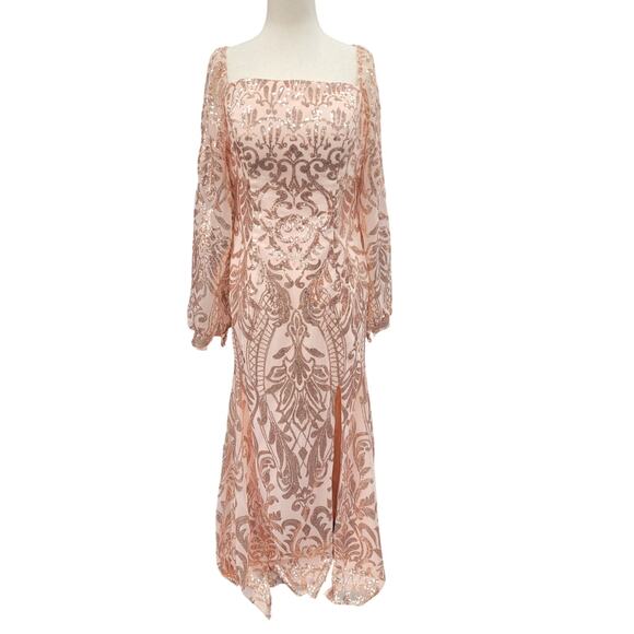 NWT Long Sleeved Patterned Sequin Gown Light Pink Size 10 - Picture 1 of 13